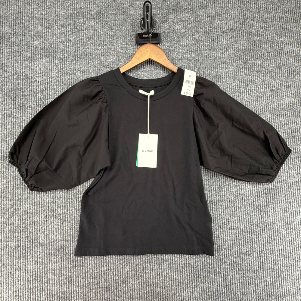 DL1961 Puff Sleeve Top Womens Large Black NEW Balloon Sleeve Crew Neck 962035